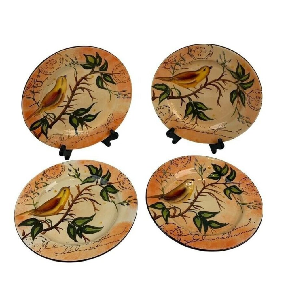 Pier 1 Bird Salad Dessert Lunch Plates 8.5" Handpainted Dolomite Set of 4
